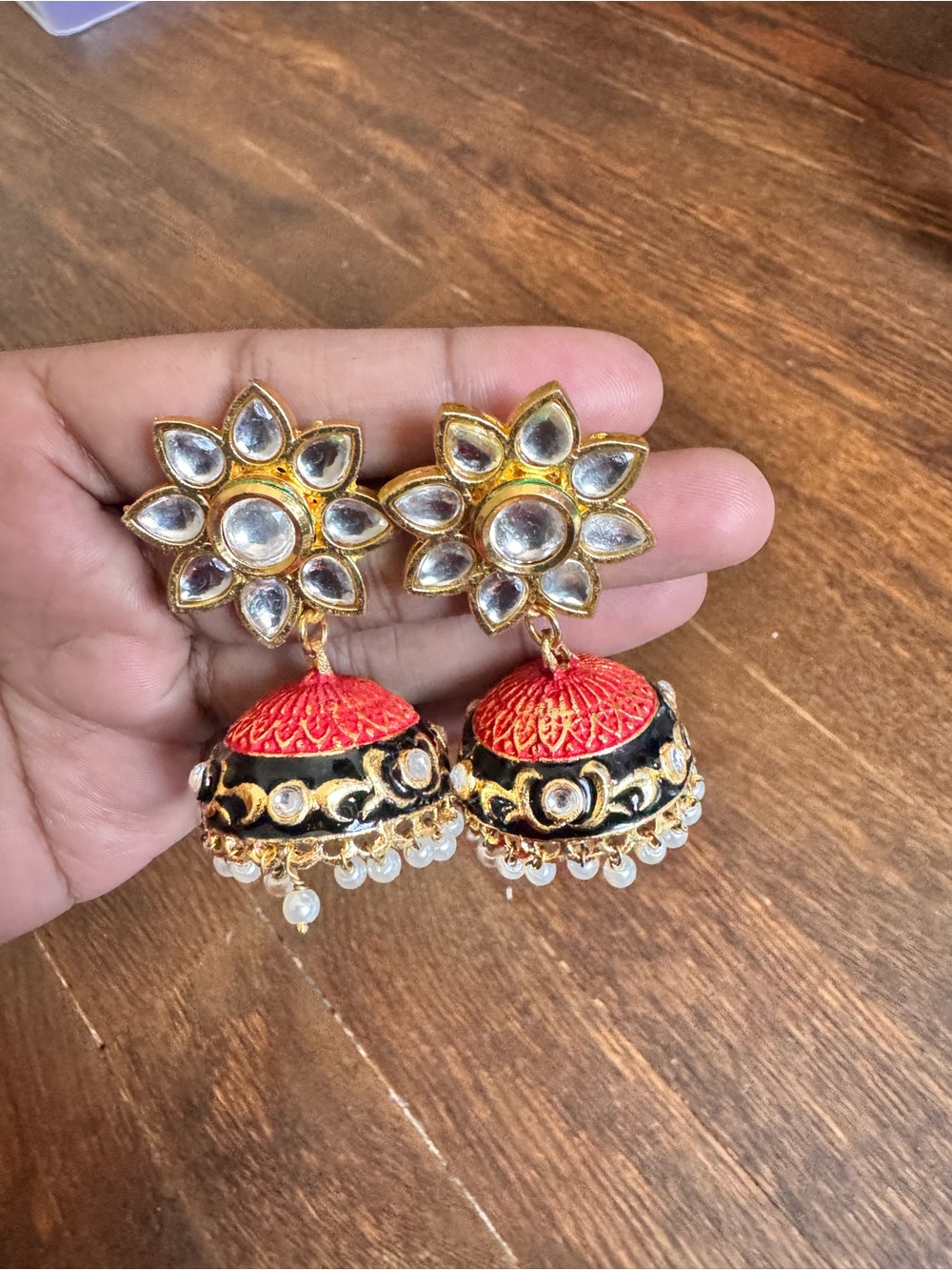 Gold Floral Kundan Red & Black Jhumka Earrings